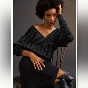 Anthropologie Black Shimmer V-Neck Sweater